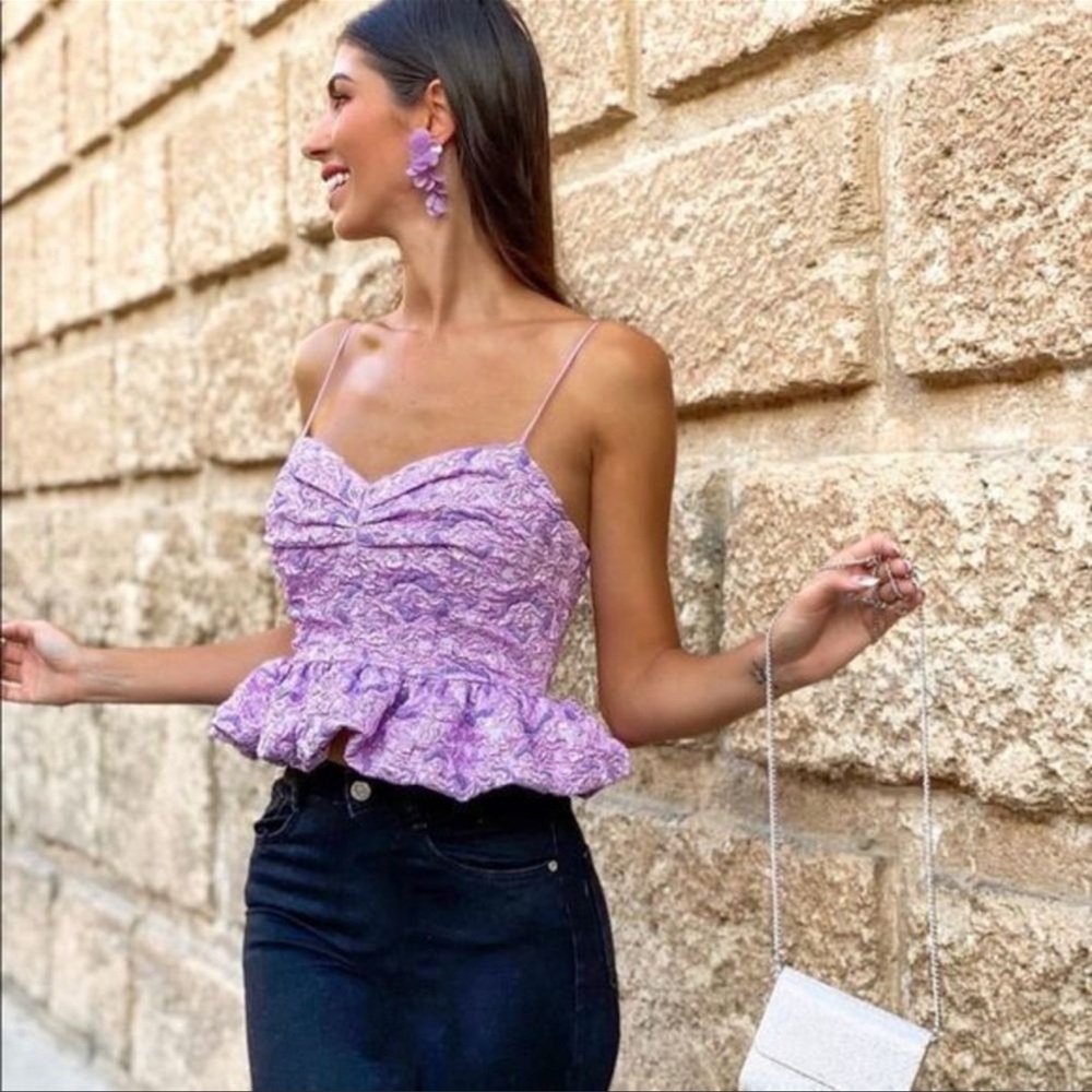 Zara Limited Edition Floral Jacquard Peplum Spaghetti Strap Voluminous Top